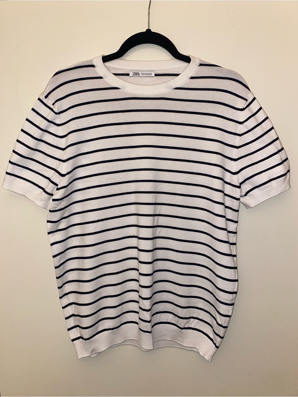 Zara White Navy Striped Knit Short Sleeve Top Size M